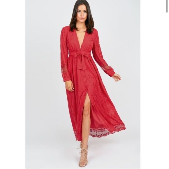 Olivia Culpo Red Lace Maxi Dress Embroidered Long Sleeve Medium - Picture 13 of 13